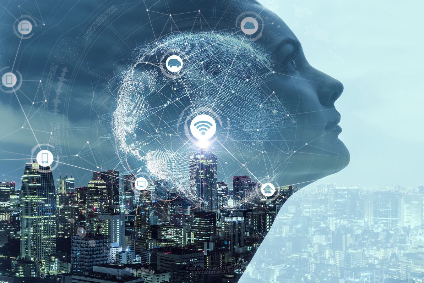 Abstract visualization of a governed AI identity connected to a city-scale network